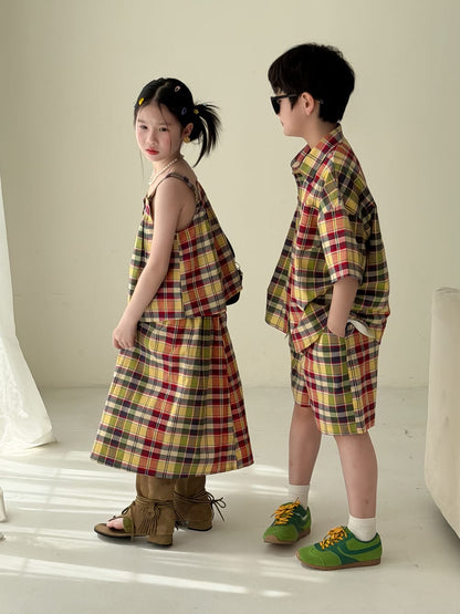Color-Block Plaid Separates チェック ショートパンツ シャツ キャミソール スカート【mh0013121】 KUMAI.KIDS ノースリーブセットアップ