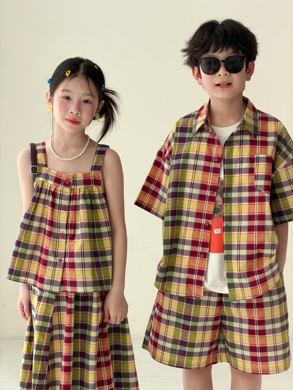 Color-Block Plaid Separates チェック ショートパンツ シャツ キャミソール スカート【mh0013121】 KUMAI.KIDS ノースリーブセットアップ
