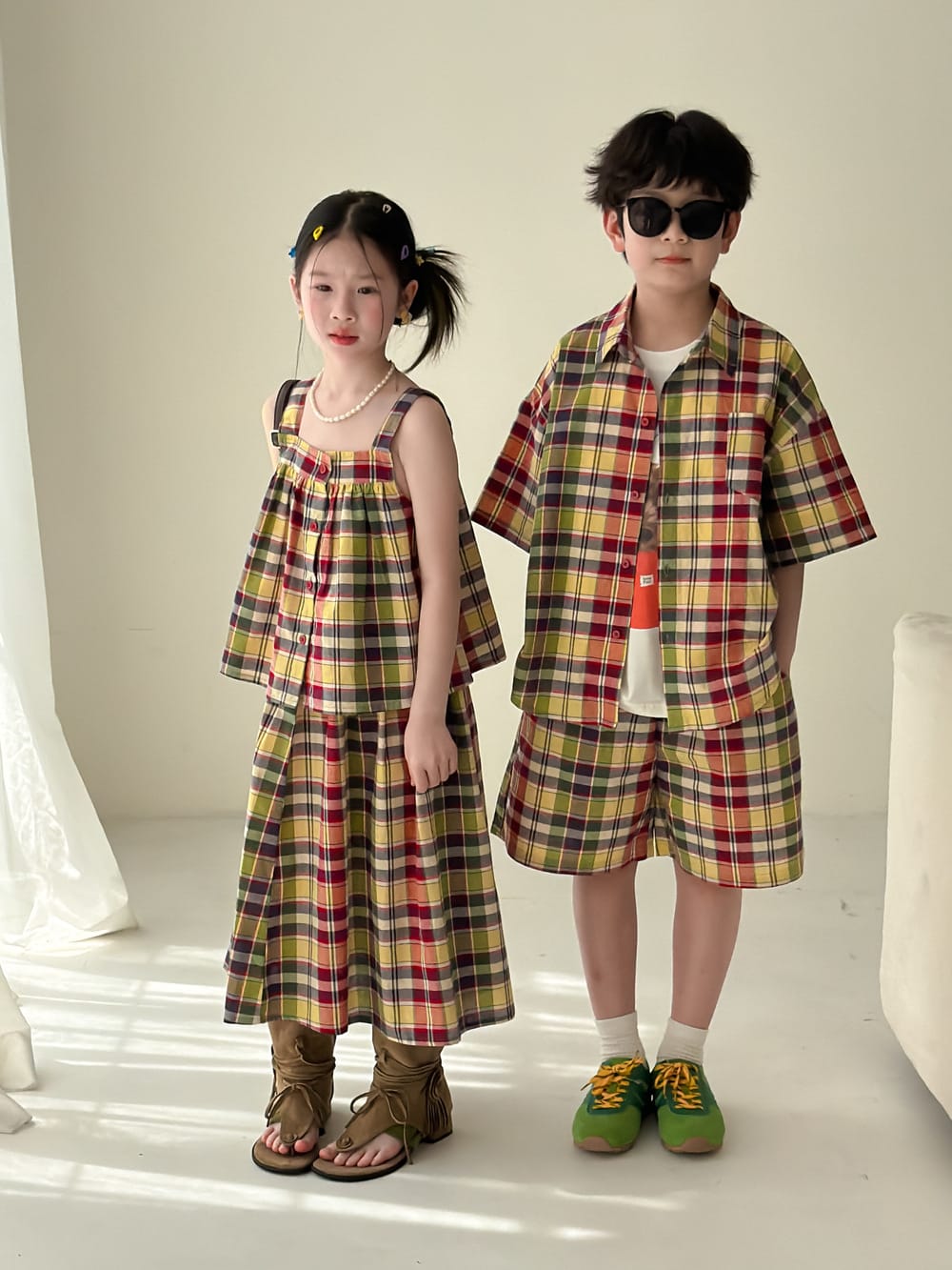 Color-Block Plaid Separates チェック ショートパンツ シャツ キャミソール スカート【mh0013121】 KUMAI.KIDS ノースリーブセットアップ