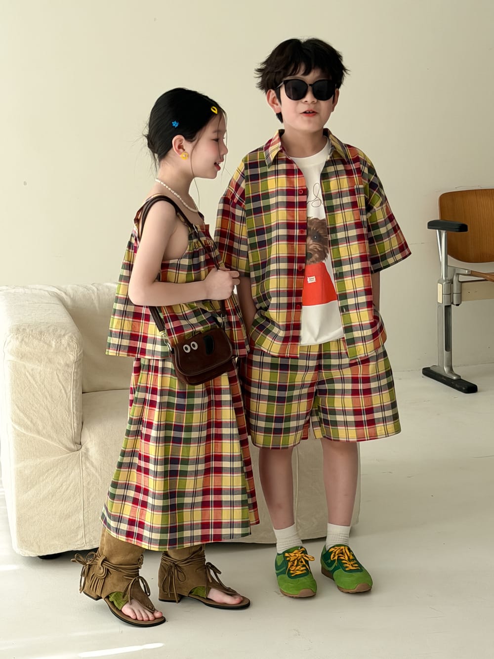Color-Block Plaid Separates チェック ショートパンツ シャツ キャミソール スカート【mh0013121】 KUMAI.KIDS ノースリーブセットアップ
