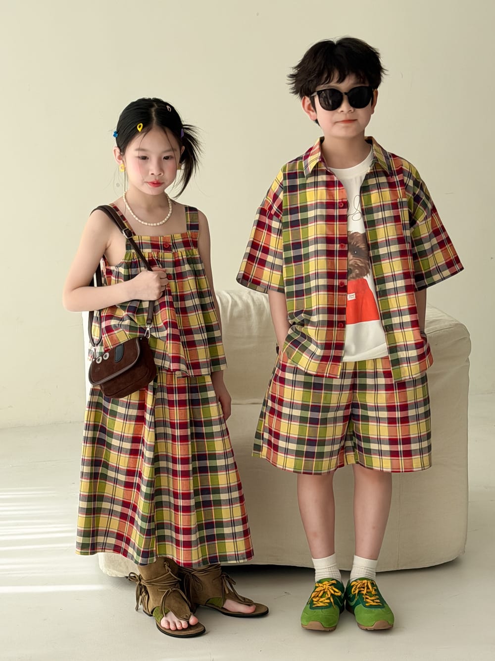 Color-Block Plaid Separates チェック ショートパンツ シャツ キャミソール スカート【mh0013121】 KUMAI.KIDS ノースリーブセットアップ