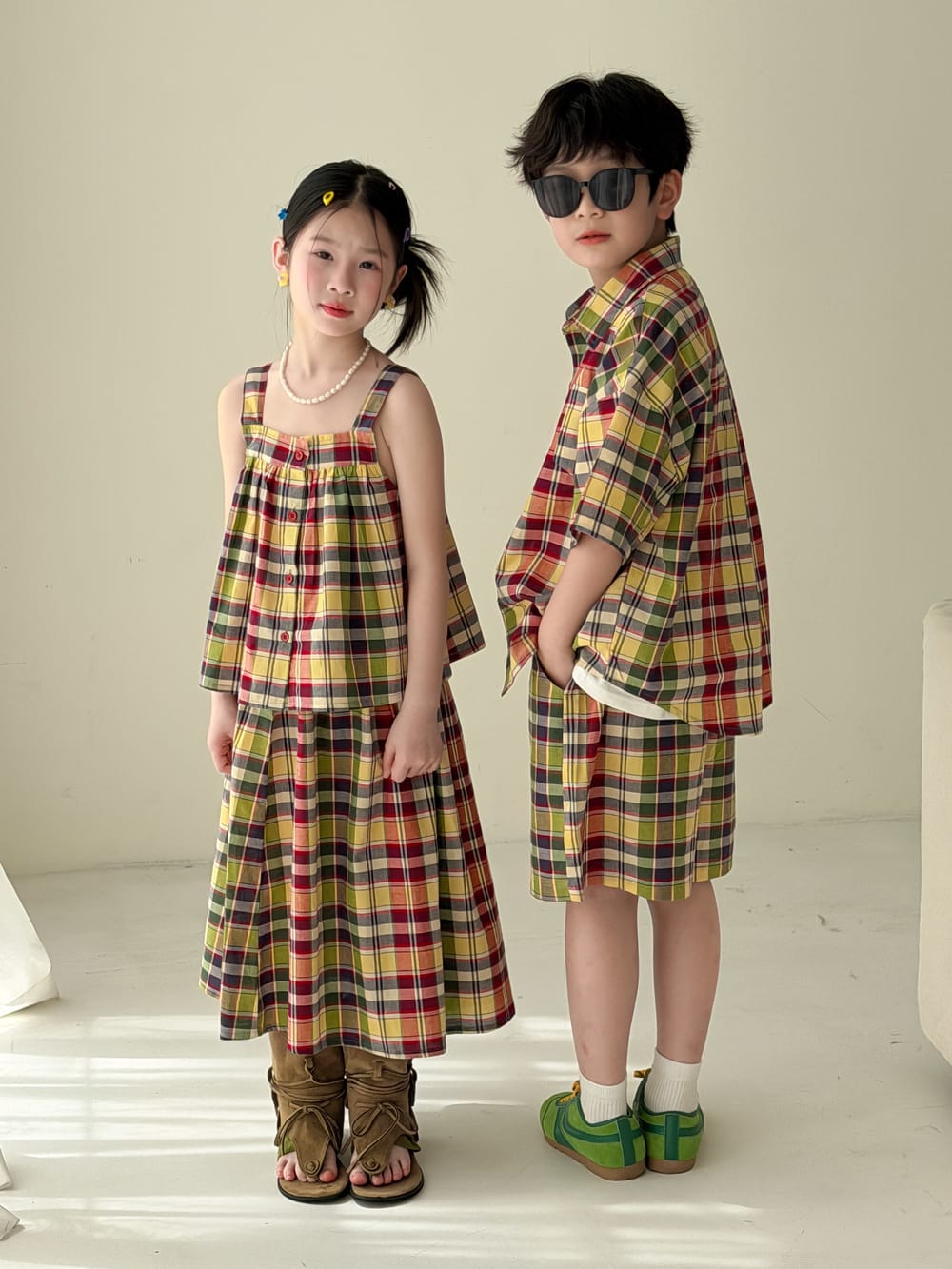 Color-Block Plaid Separates チェック ショートパンツ シャツ キャミソール スカート【mh0013121】 KUMAI.KIDS ノースリーブセットアップ