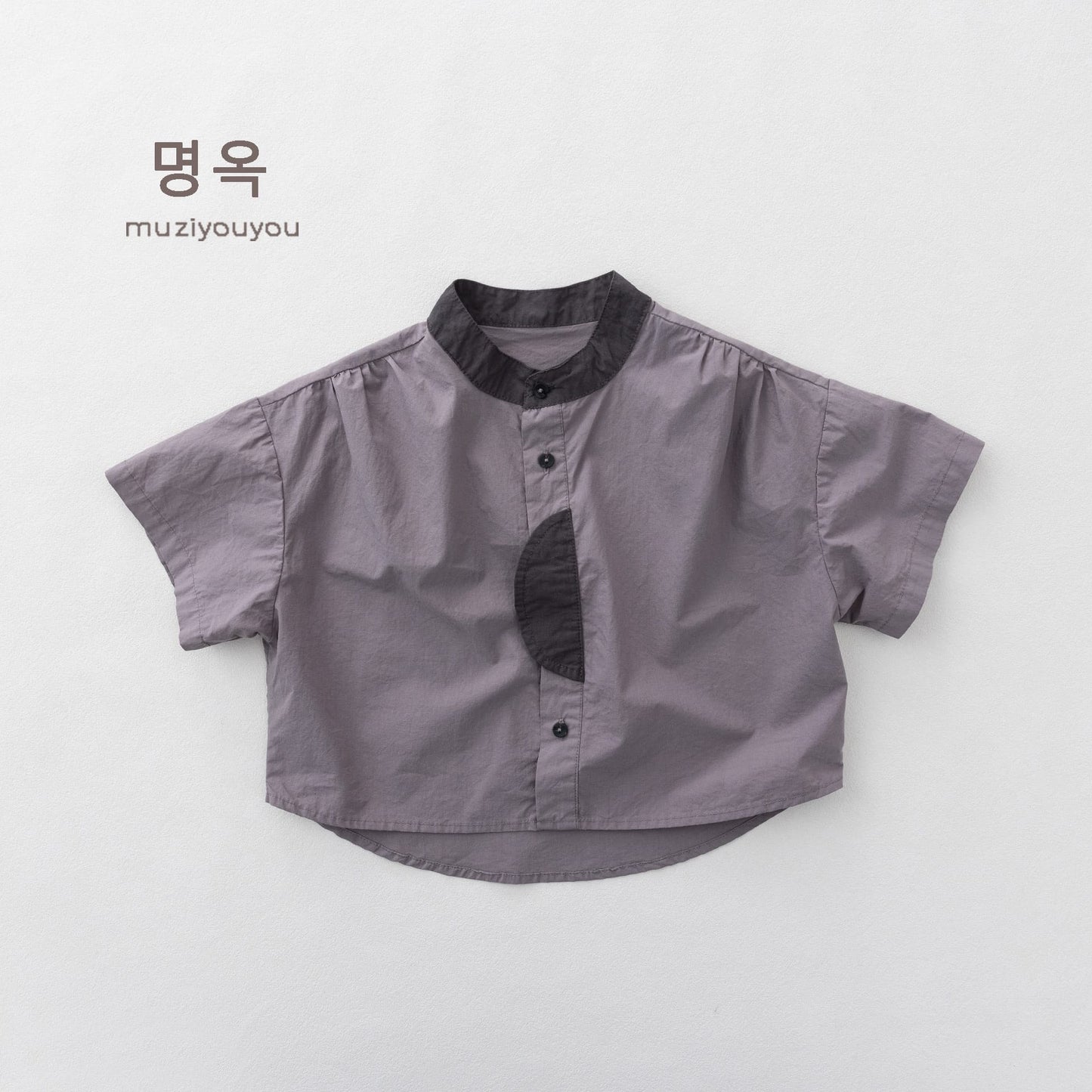 Color-Block Stand-Collar Shirt ドロップショルダー 半袖シャツ【mh0013140】 Gray / 80cm 명옥 muziyouyou 半袖Tシャツ