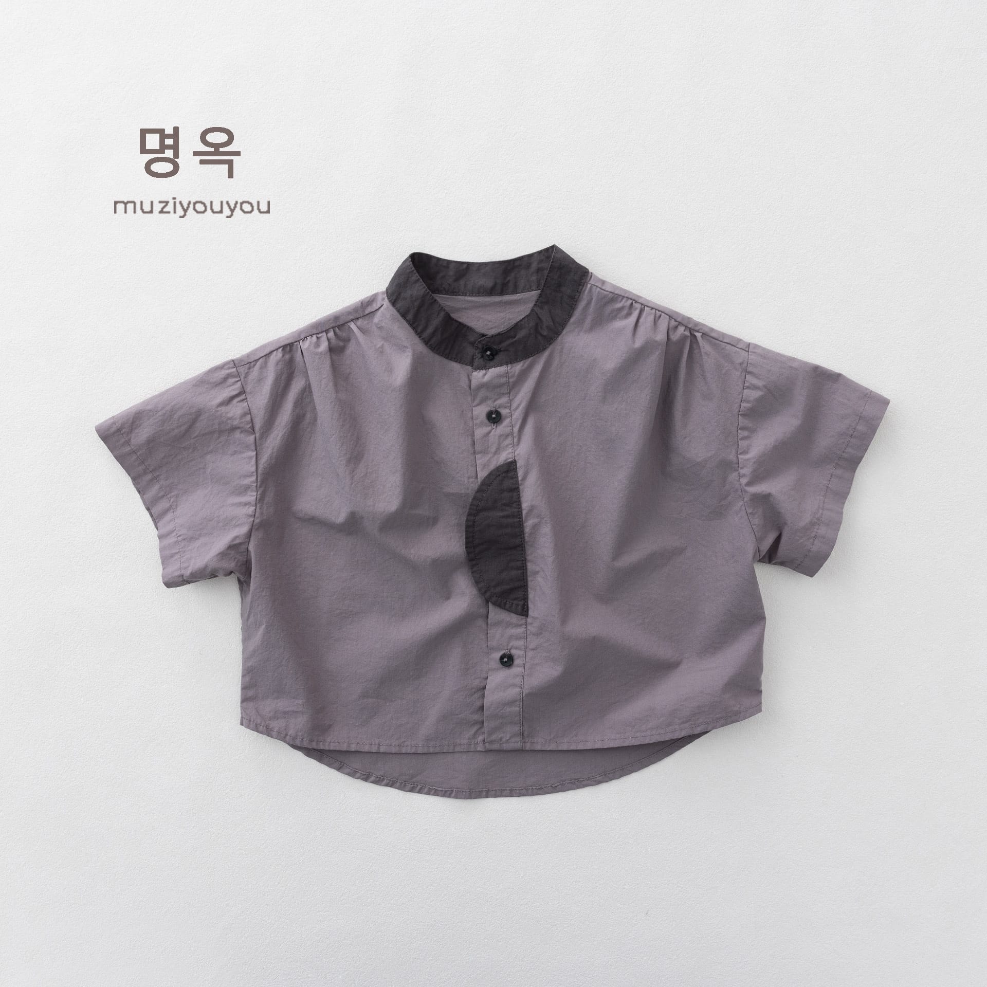 Color-Block Stand-Collar Shirt ドロップショルダー 半袖シャツ【mh0013140】 Gray / 80cm 명옥 muziyouyou 半袖Tシャツ