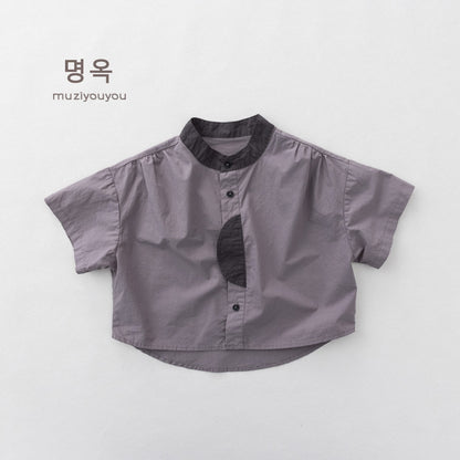 Color-Block Stand-Collar Shirt ドロップショルダー 半袖シャツ【mh0013140】 Gray / 80cm 명옥 muziyouyou 半袖Tシャツ