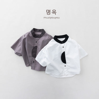 Color-Block Stand-Collar Shirt ドロップショルダー 半袖シャツ【mh0013140】 명옥 muziyouyou 半袖Tシャツ