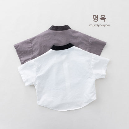 Color-Block Stand-Collar Shirt ドロップショルダー 半袖シャツ【mh0013140】 명옥 muziyouyou 半袖Tシャツ
