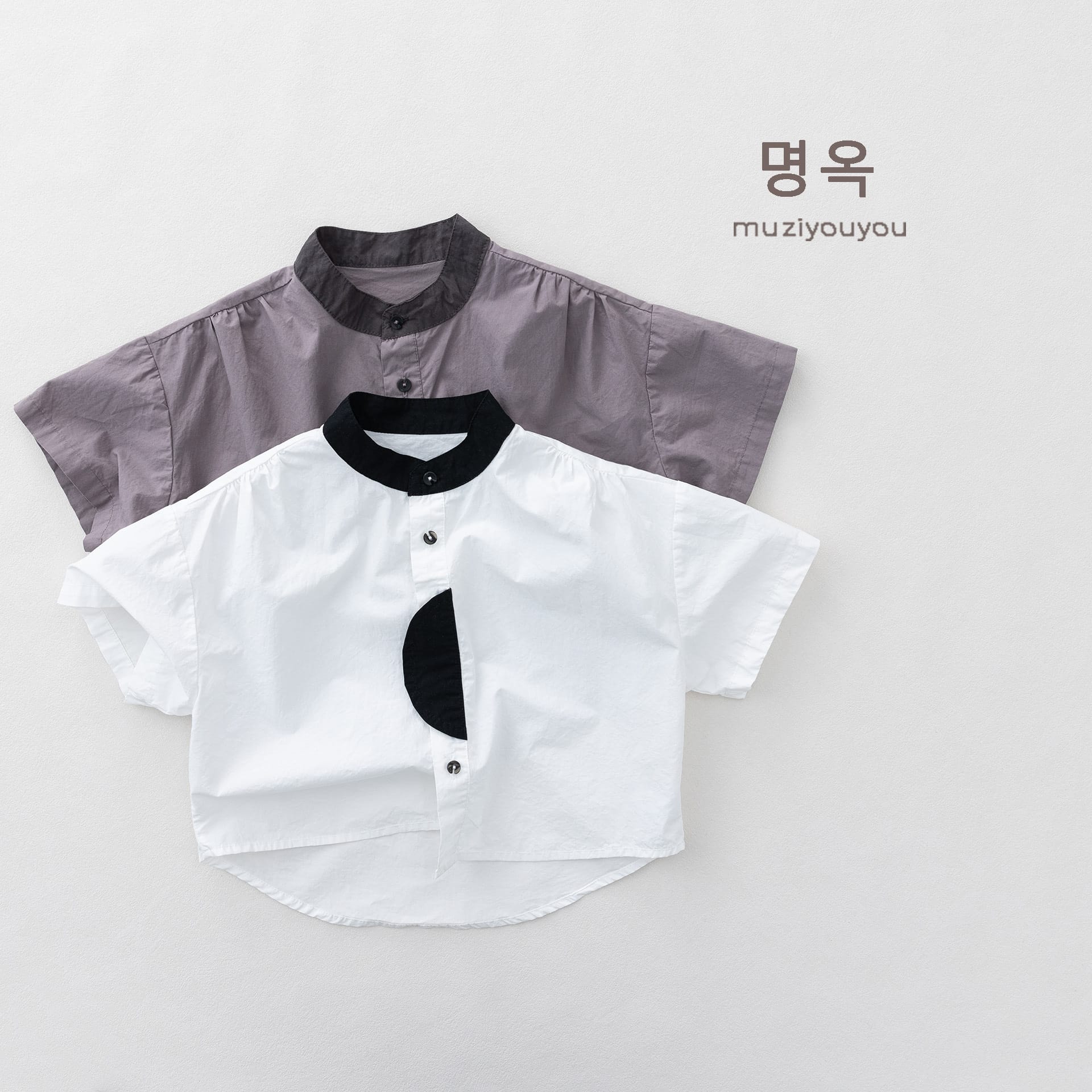 Color-Block Stand-Collar Shirt ドロップショルダー 半袖シャツ【mh0013140】 명옥 muziyouyou 半袖Tシャツ