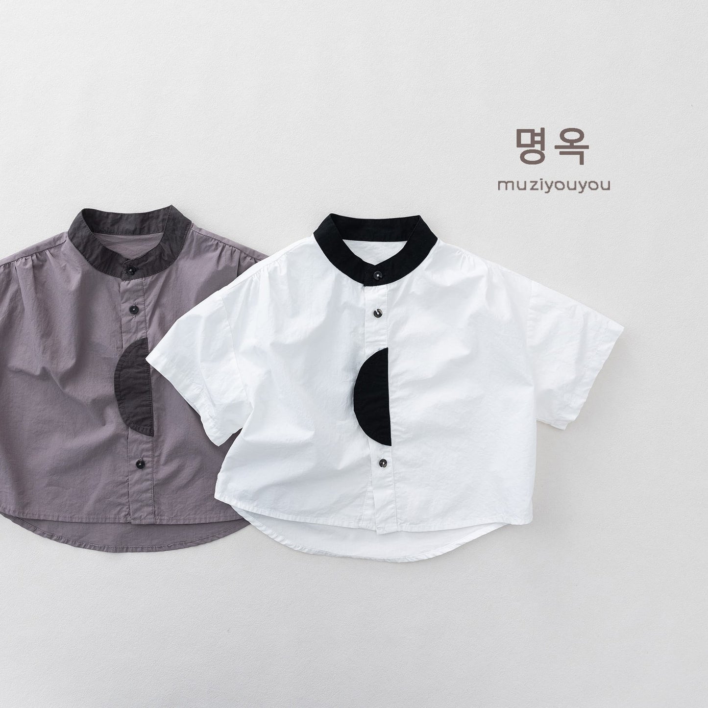 Color-Block Stand-Collar Shirt ドロップショルダー 半袖シャツ【mh0013140】 명옥 muziyouyou 半袖Tシャツ