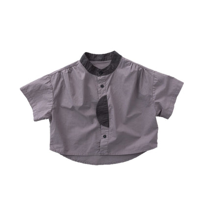 Color-Block Stand-Collar Shirt ドロップショルダー 半袖シャツ【mh0013140】 명옥 muziyouyou 半袖Tシャツ