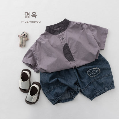 Color-Block Stand-Collar Shirt ドロップショルダー 半袖シャツ【mh0013140】 명옥 muziyouyou 半袖Tシャツ