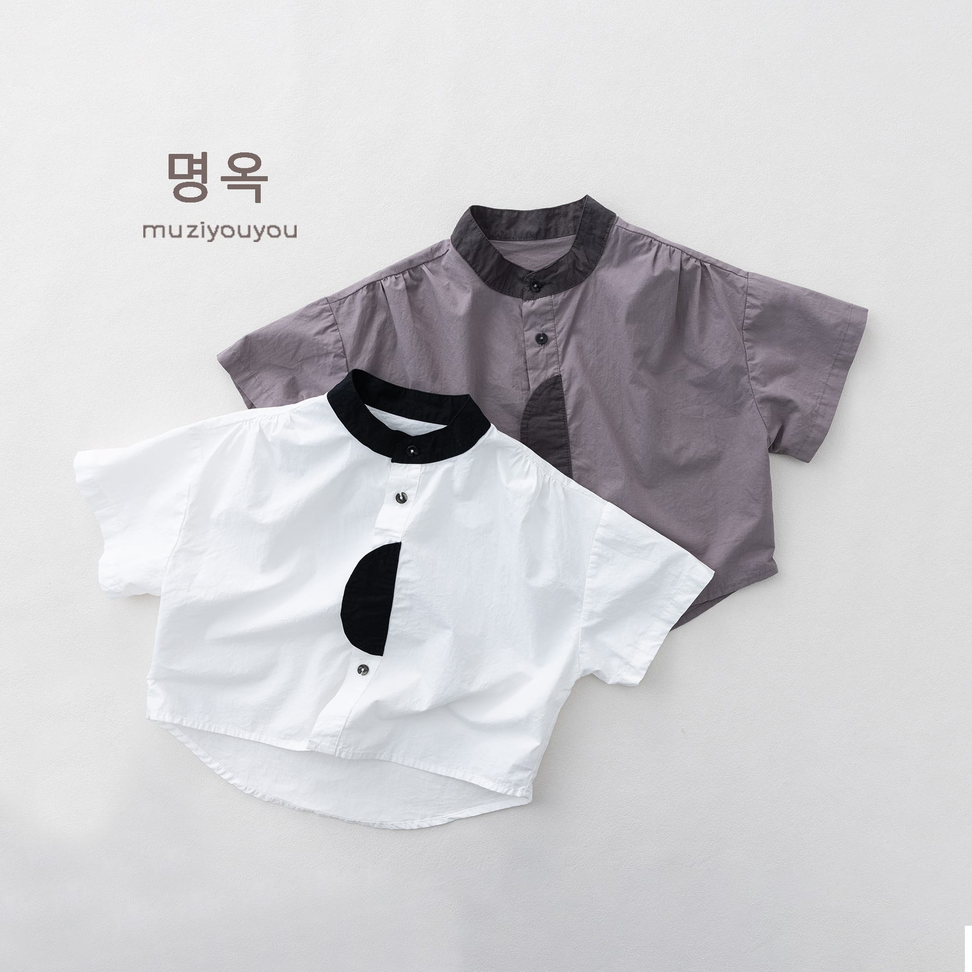 Color-Block Stand-Collar Shirt ドロップショルダー 半袖シャツ【mh0013140】 명옥 muziyouyou 半袖Tシャツ