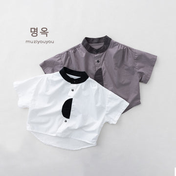 Color-Block Stand-Collar Shirt ドロップショルダー 半袖シャツ【mh0013140】 명옥 muziyouyou 半袖Tシャツ