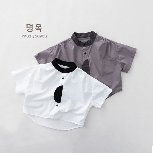 Color-Block Stand-Collar Shirt ドロップショルダー 半袖シャツ【mh0013140】 명옥 muziyouyou 半袖Tシャツ