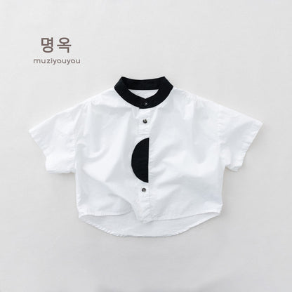 Color-Block Stand-Collar Shirt ドロップショルダー 半袖シャツ【mh0013140】 White / 80cm 명옥 muziyouyou 半袖Tシャツ