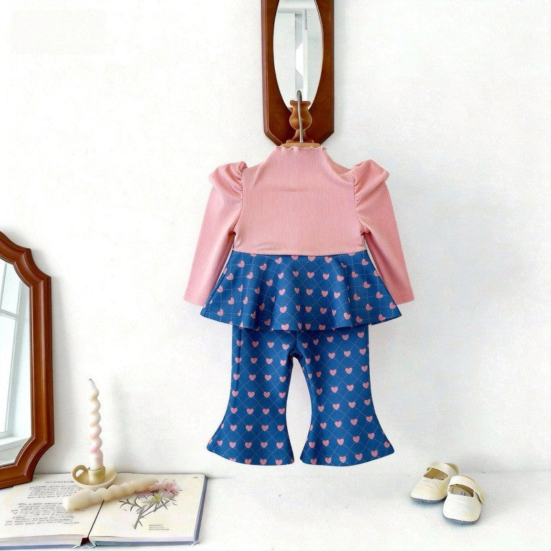 Color Blocking Love Print Set パッチワーク ハートプリント セットアップ【mh0012304】 yi nian ni