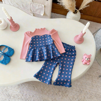 Color Blocking Love Print Set パッチワーク ハートプリント セットアップ【mh0012304】 yi nian ni