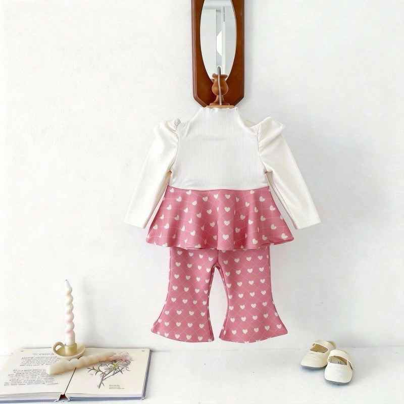 Color Blocking Love Print Set パッチワーク ハートプリント セットアップ【mh0012304】 yi nian ni