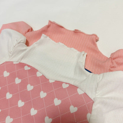 Color Blocking Love Print Set パッチワーク ハートプリント セットアップ【mh0012304】 yi nian ni