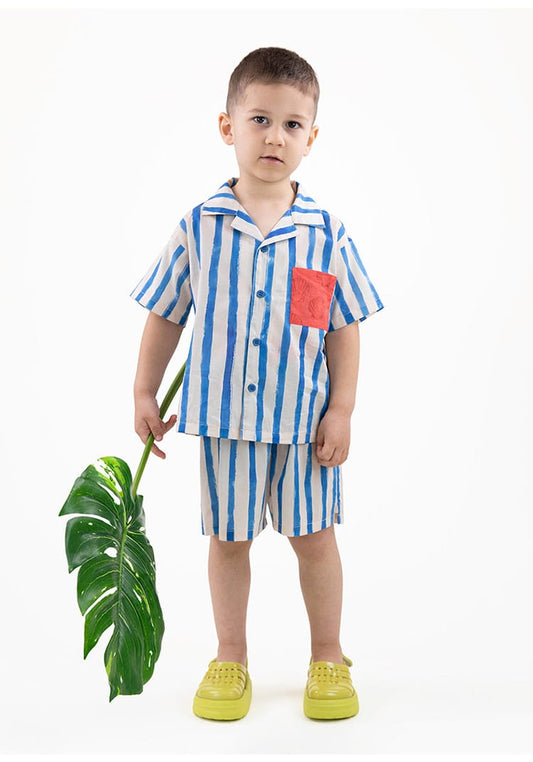 Combed Cotton Striped Shirt Shorts 半袖シャツ ハーフパンツ【mh0013209】 RICE & SKY 半袖セットアップ