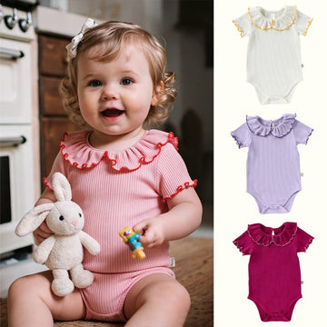 Contrast Mellow Stitch Frill Ribbed メロウ フリルカラー 半袖ロンパース【mh0012777】 Beitaoya 半袖ロンパース
