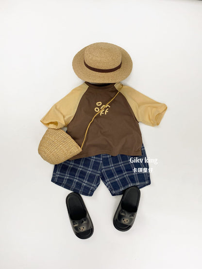 ラグラン半袖Tシャツ（ブラウン×ベージュ）ロゴプリント付き