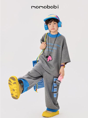 Contrast Rib Tee Long Pants ロゴTシャツ ロングパンツ セット【mh0013008】 momobobi 半袖セットアップ