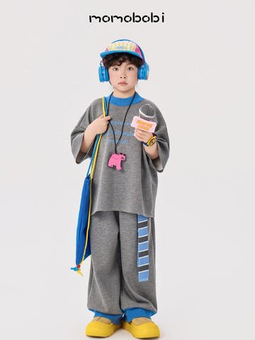Contrast Rib Tee Long Pants ロゴTシャツ ロングパンツ セット【mh0013008】 momobobi 半袖セットアップ