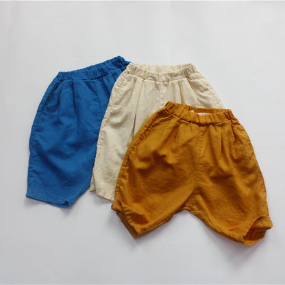 キッズルーズクロップドパンツ 青・ベージュ・アンバーの3色重ね
