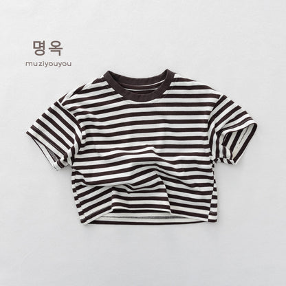 Crew Neck Striped Short Sleeve T-Shirt ボーダー 半袖Tシャツ【mh0013154】 Black / 80cm 명옥 muziyouyou 半袖Tシャツ