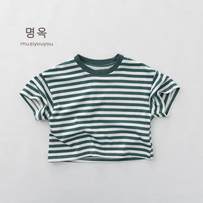 Crew Neck Striped Short Sleeve T-Shirt ボーダー 半袖Tシャツ【mh0013154】 Green / 80cm 명옥 muziyouyou 半袖Tシャツ