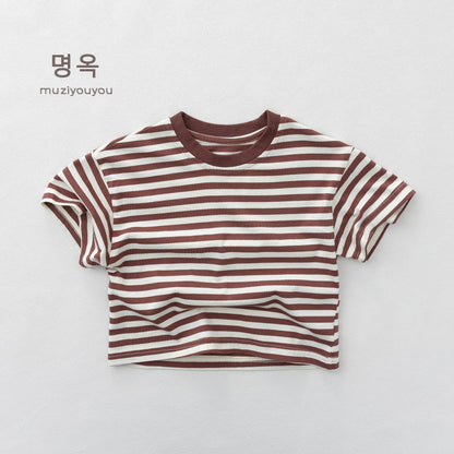Crew Neck Striped Short Sleeve T-Shirt ボーダー 半袖Tシャツ【mh0013154】 Red / 80cm 명옥 muziyouyou 半袖Tシャツ