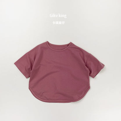 Curved Hem Solid Short Sleeve T-shirt クルーネック 無地 半袖Tシャツ【mh0012830】 Rose Red / 80cm Gikv king 半袖Tシャツ