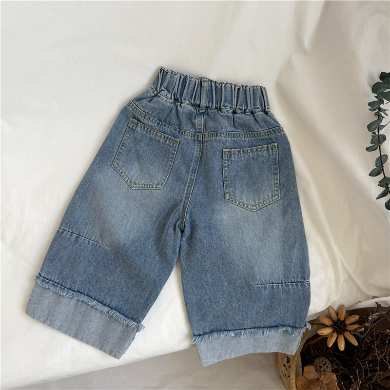 Cut-off Distressed Wide Leg Jeans カットオフ ワイドデニムパンツ【mh0012272】 GL-Kids