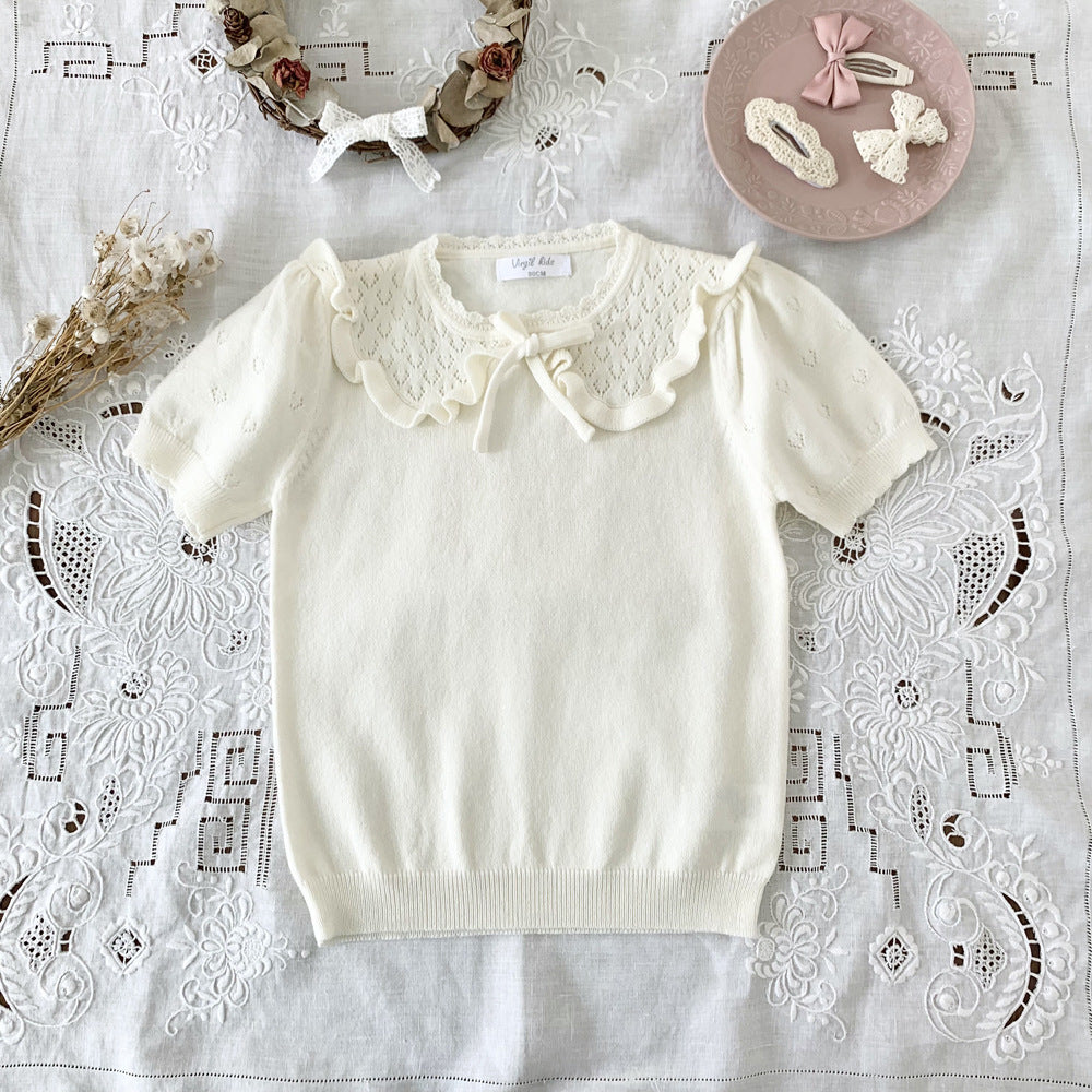 Cut-out Knit Fake Collar Blouse レースニット 襟付き半袖ブラウス【mh0012262】 Apricot White / 90cm Virgil kids