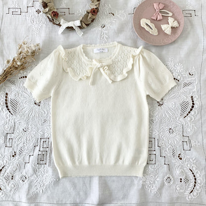 Cut-out Knit Fake Collar Blouse レースニット 襟付き半袖ブラウス【mh0012262】 Apricot White / 90cm Virgil kids
