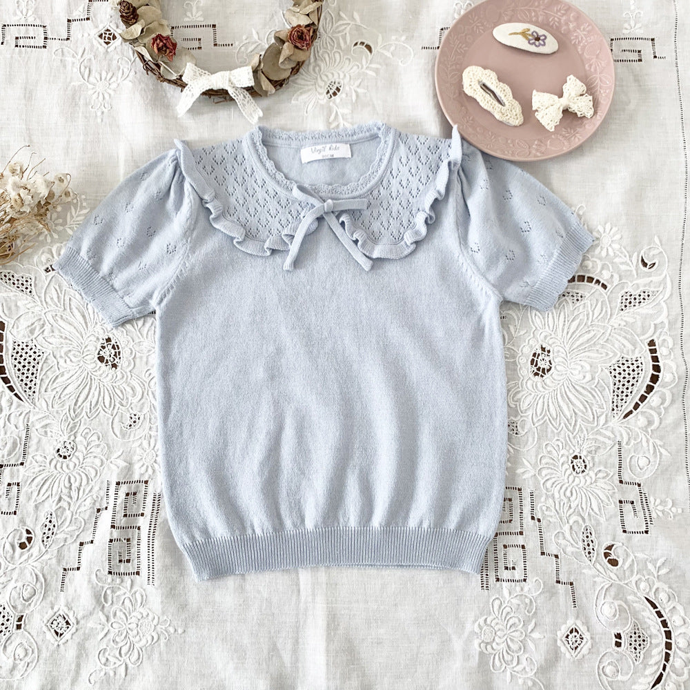 Cut-out Knit Fake Collar Blouse レースニット 襟付き半袖ブラウス【mh0012262】 Light Blue / 90cm Virgil kids
