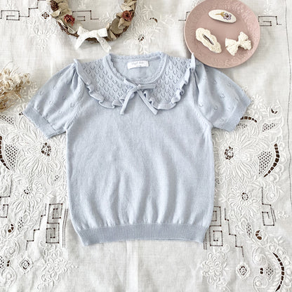 Cut-out Knit Fake Collar Blouse レースニット 襟付き半袖ブラウス【mh0012262】 Light Blue / 90cm Virgil kids