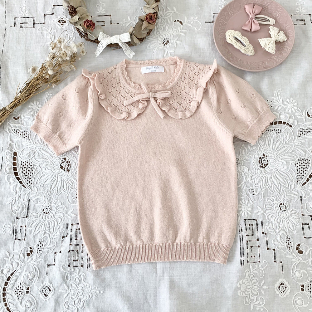 Cut-out Knit Fake Collar Blouse レースニット 襟付き半袖ブラウス【mh0012262】 Pink / 90cm Virgil kids