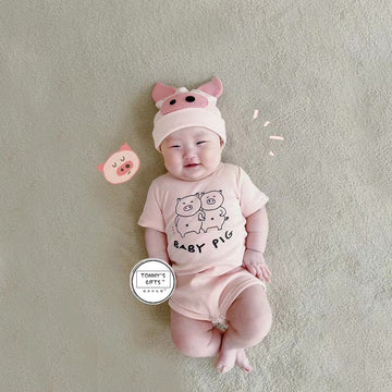 Cute Piglet Printed Short-Sleeve Romper With Hat Set ブタ 半袖ロンパース コスチューム【mh0013356】 TOMMY'S GIFTS 半袖ロンパース