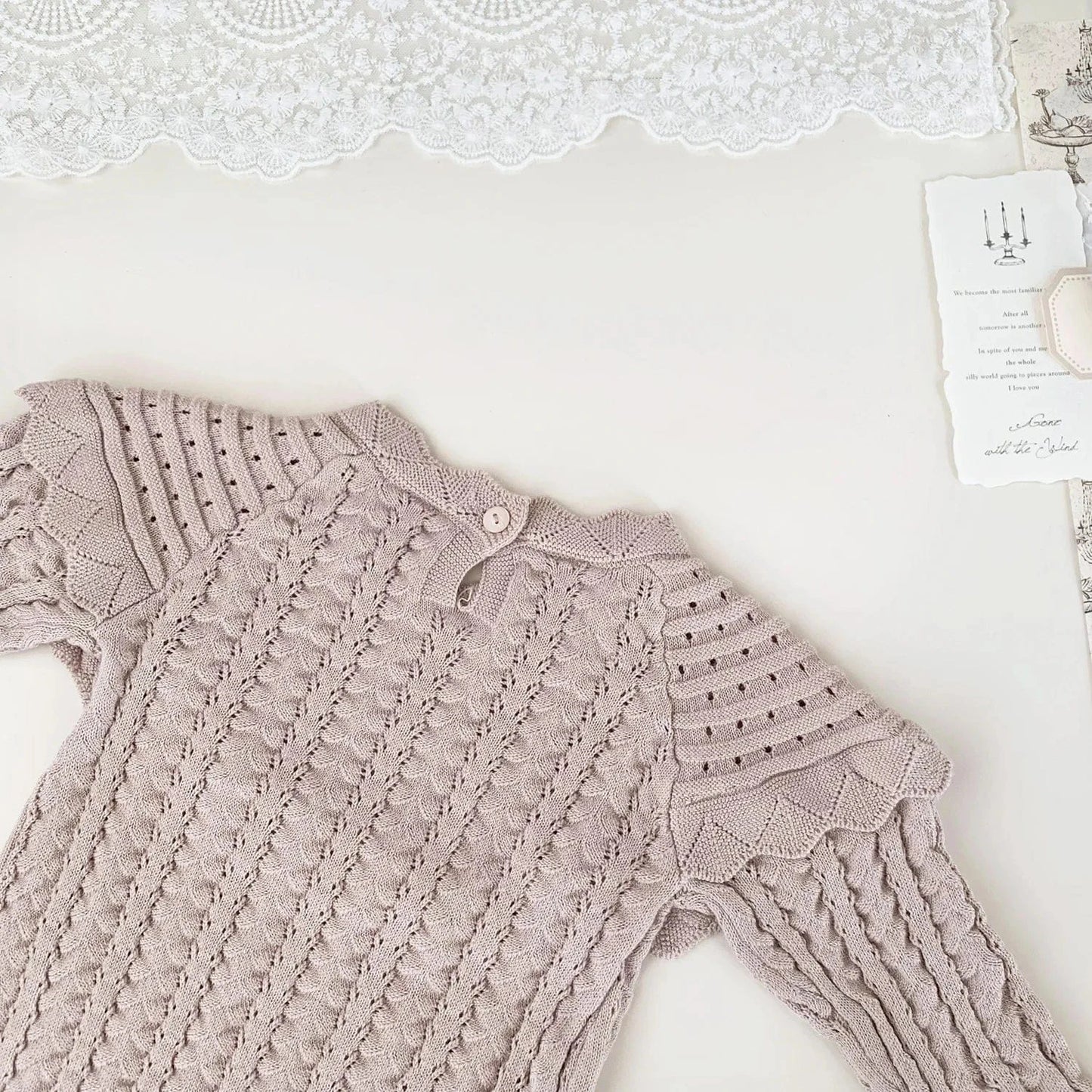 長袖ロンパース ベビーロンパース フリルショールレースニット長袖ボディスーツ