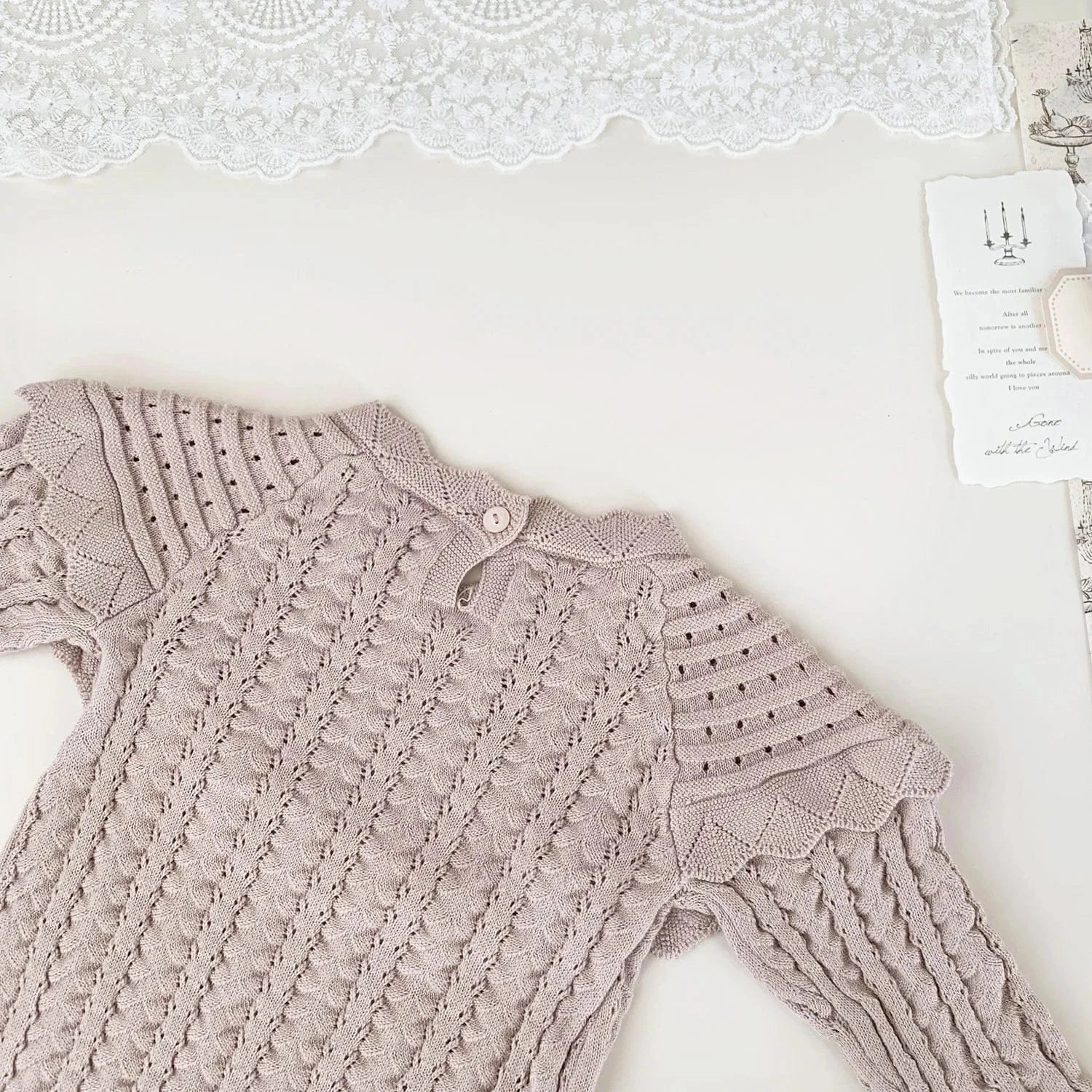 長袖ロンパース ベビーロンパース フリルショールレースニット長袖ボディスーツ