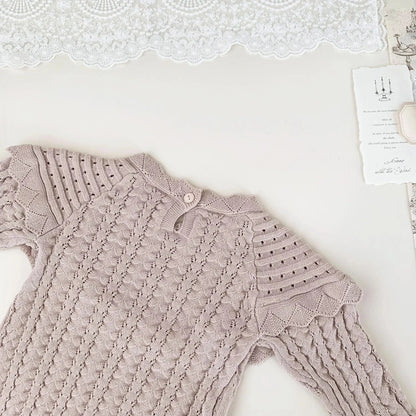 長袖ロンパース ベビーロンパース フリルショールレースニット長袖ボディスーツ