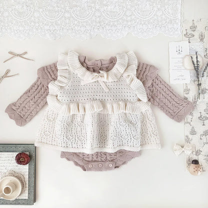 長袖ロンパース ベビーロンパース フリルショールレースニット長袖ボディスーツ