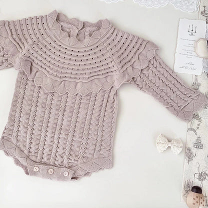 長袖ロンパース ベビーロンパース フリルショールレースニット長袖ボディスーツ
