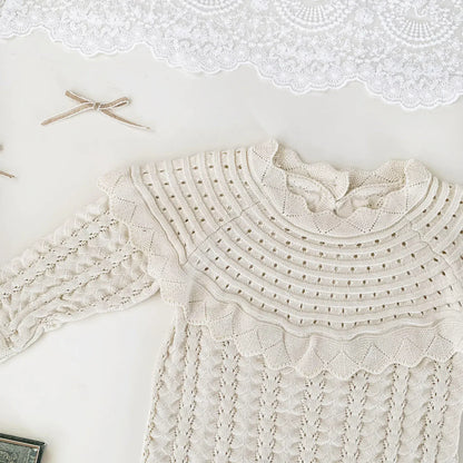 長袖ロンパース ベビーロンパース フリルショールレースニット長袖ボディスーツ