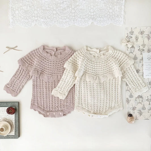 長袖ロンパース ベビーロンパース フリルショールレースニット長袖ボディスーツ