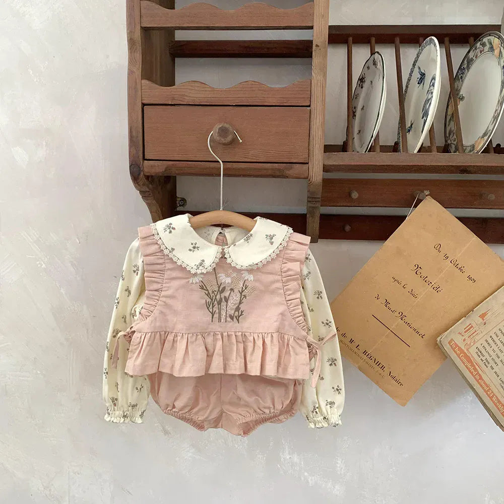 ノースリーブセットアップ ベビーセットアップ 2点セット ノースリーブフリルトップス+ブルマパンツ フラワー花柄刺繍 ピンク/アプリコット/2カラー【mh0004558】