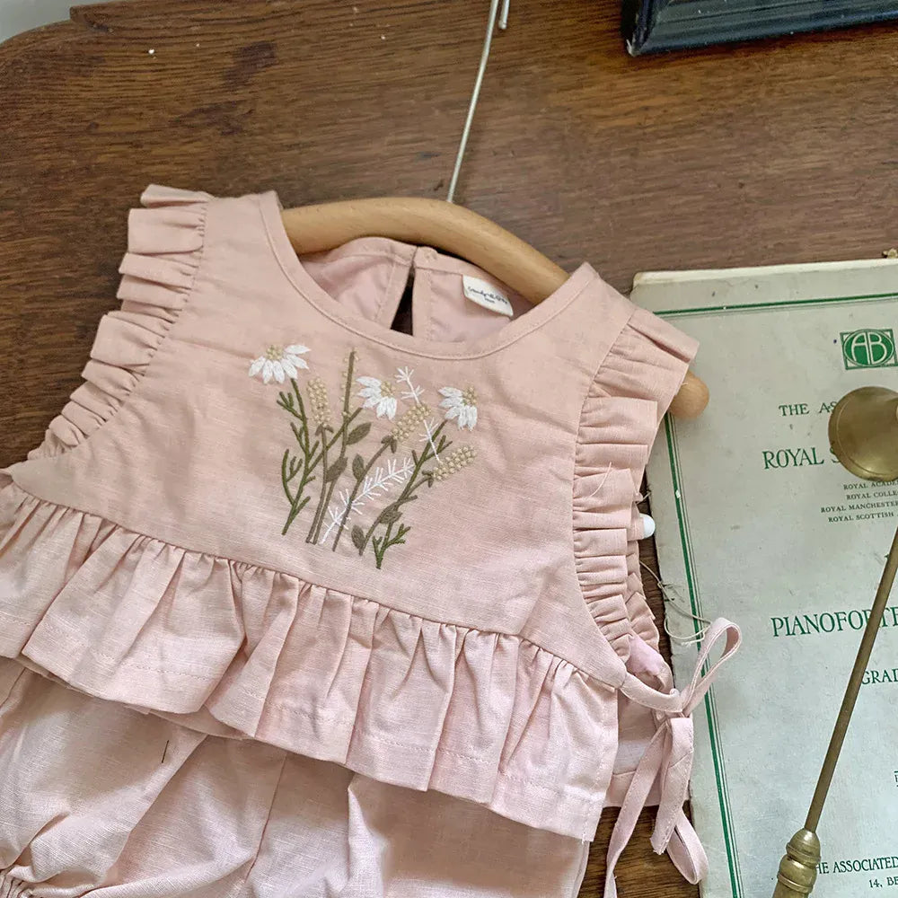 ノースリーブセットアップ ベビーセットアップ 2点セット ノースリーブフリルトップス+ブルマパンツ フラワー花柄刺繍 ピンク/アプリコット/2カラー【mh0004558】