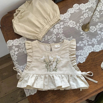 ノースリーブセットアップ ベビーセットアップ 2点セット ノースリーブフリルトップス+ブルマパンツ フラワー花柄刺繍 ピンク/アプリコット/2カラー【mh0004558】